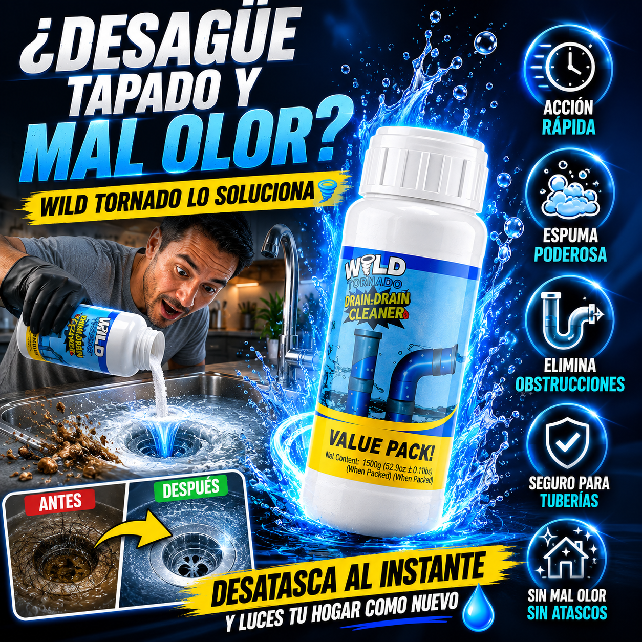 Wild Tornado Limpiador de Drenajes 💧 | Desatasca al Instante Cocina, Baño y Tuberías